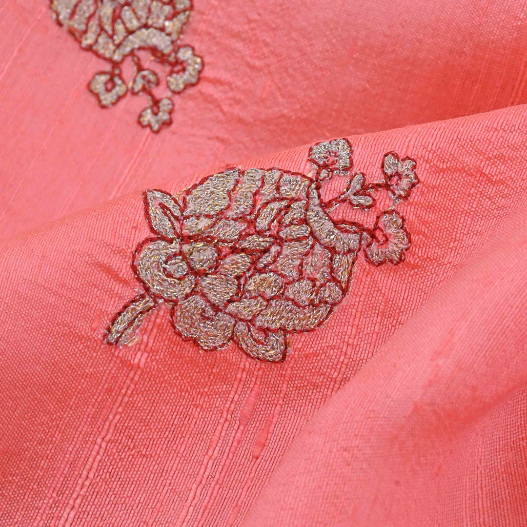 Candelight Peach Embroidery Rawsilk Fabric With Floral Patterm
