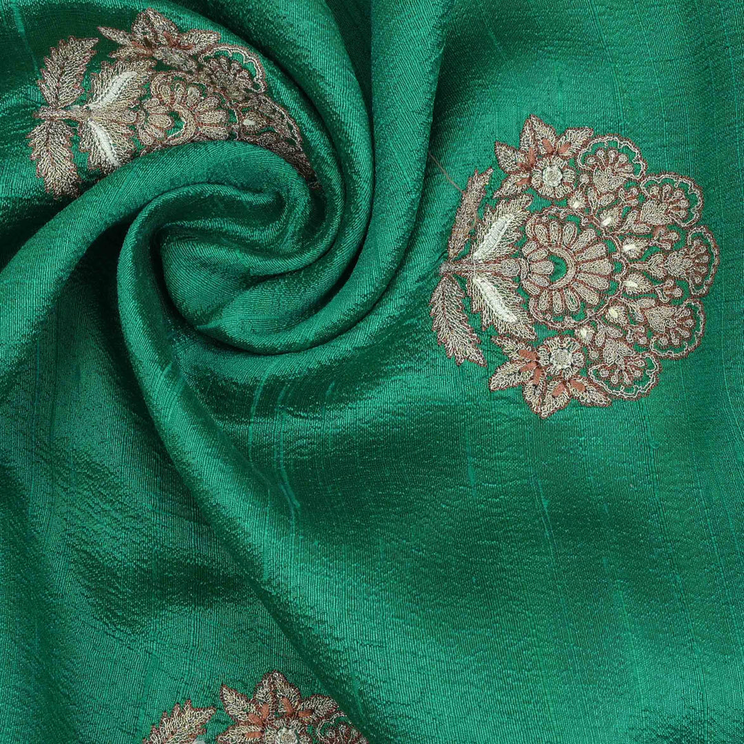 Bottle Green Embroidered Rawsilk Fabric With Floral Pattern
