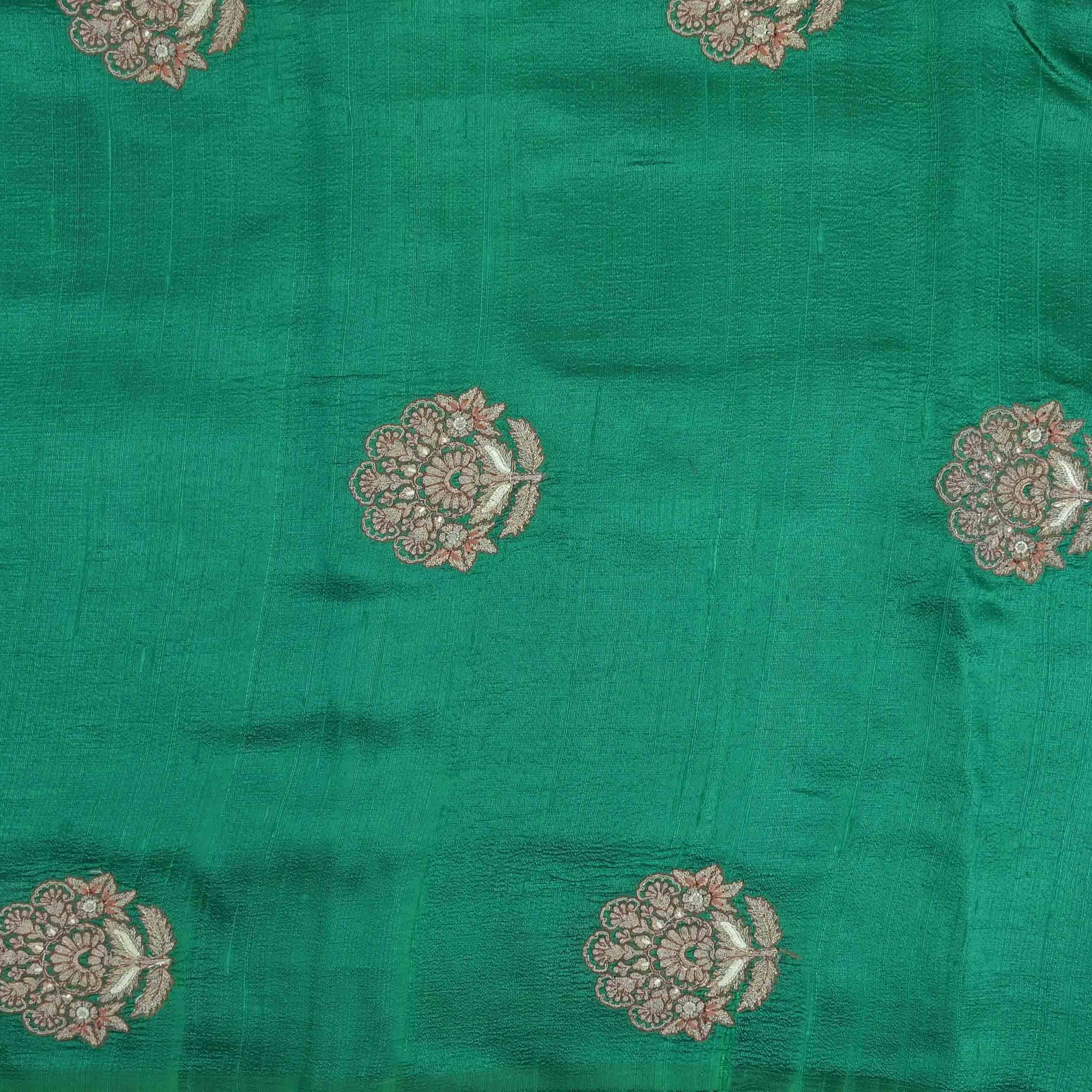 Bottle Green Embroidered Rawsilk Fabric With Floral Pattern