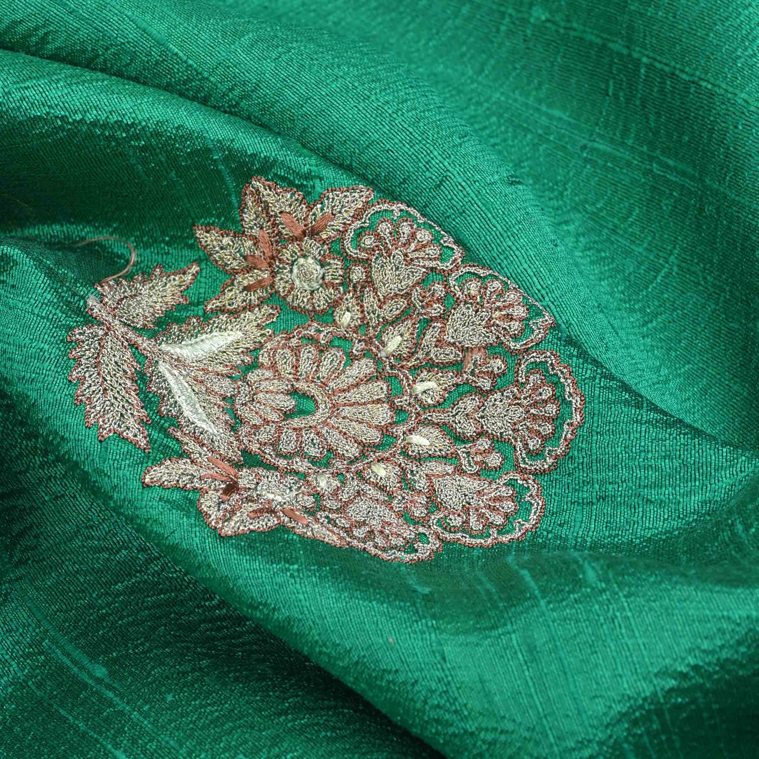 Bottle Green Embroidered Rawsilk Fabric With Floral Pattern