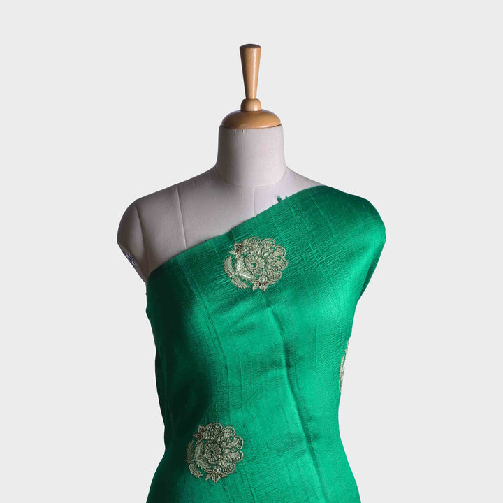Bottle Green Embroidered Rawsilk Fabric With Floral Pattern