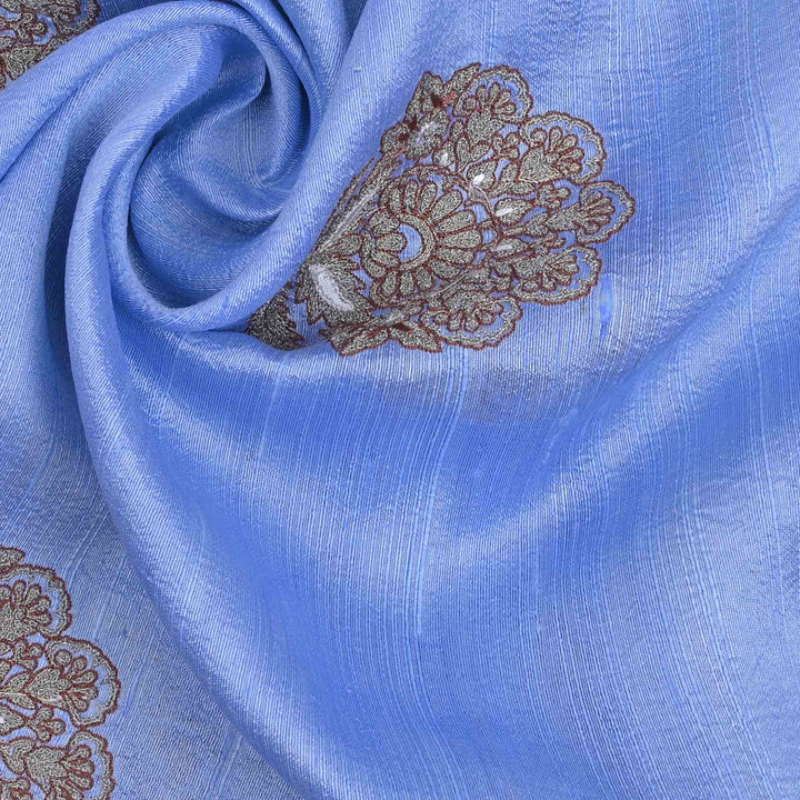 Cornflower Blue Embroidered Rawsilk Fabric With Floral Pattern