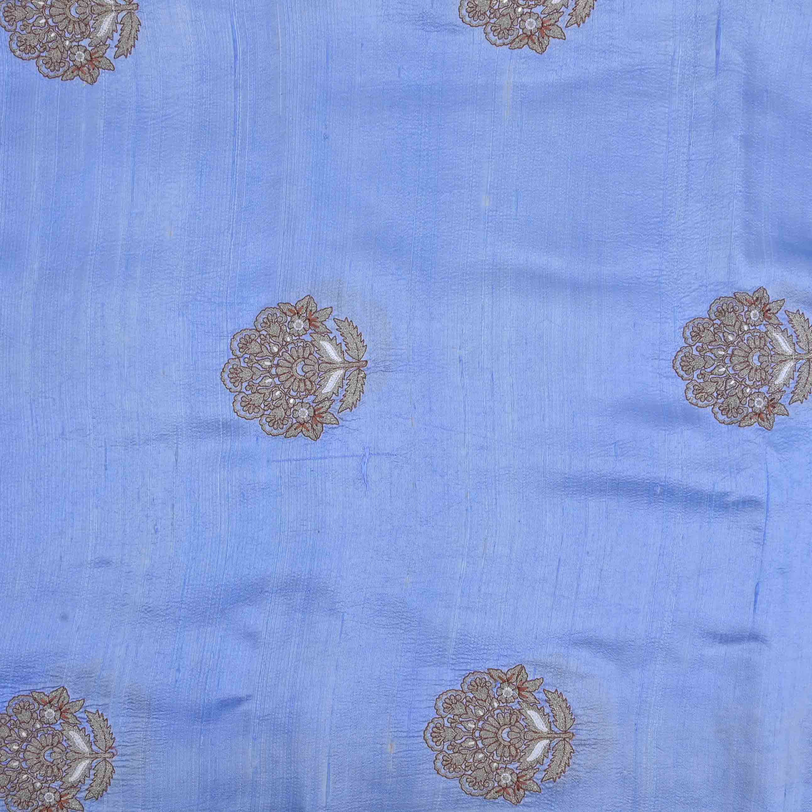 Cornflower Blue Embroidered Rawsilk Fabric With Floral Pattern