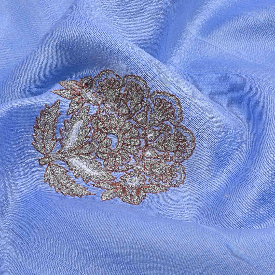 Cornflower Blue Embroidered Rawsilk Fabric With Floral Pattern