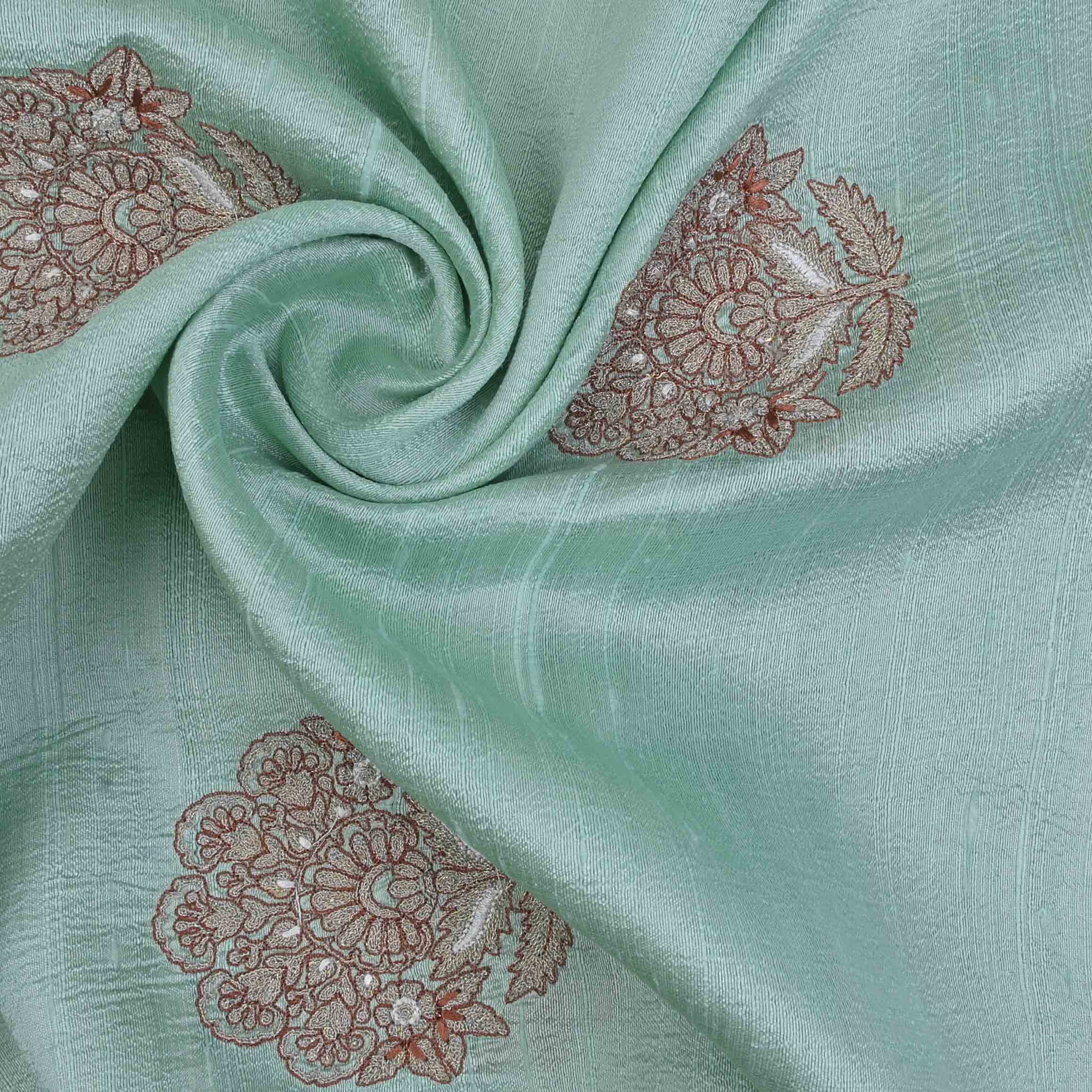 Aero Blue Embroidered Rawsilk Fabric With Floral Pattern