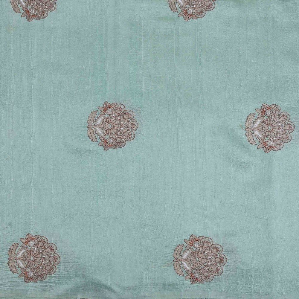 Aero Blue Embroidered Rawsilk Fabric With Floral Pattern