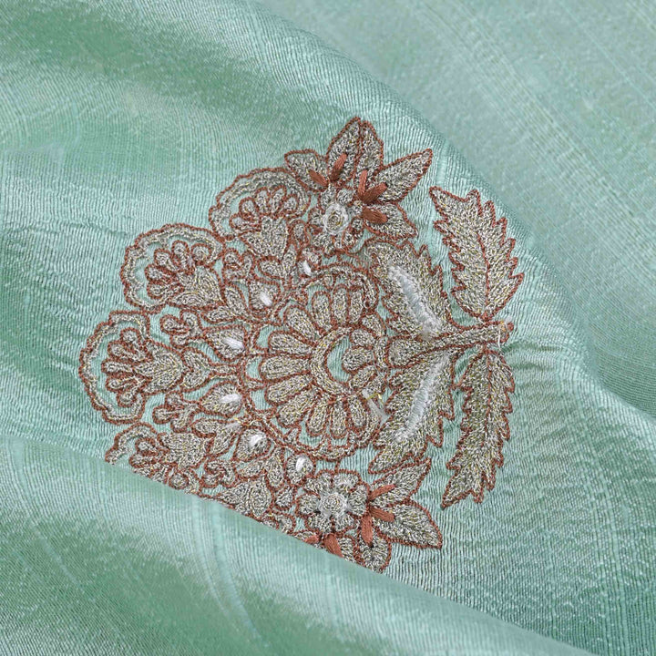Aero Blue Embroidered Rawsilk Fabric With Floral Pattern