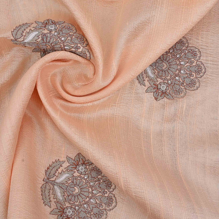 Canter Peach Embroidery Rawsilk Fabric With Floral Patterm