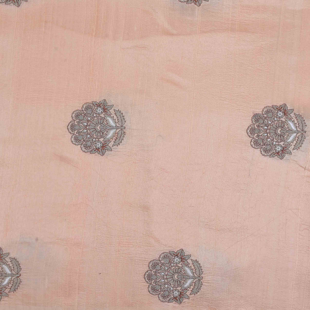 Canter Peach Embroidery Rawsilk Fabric With Floral Patterm