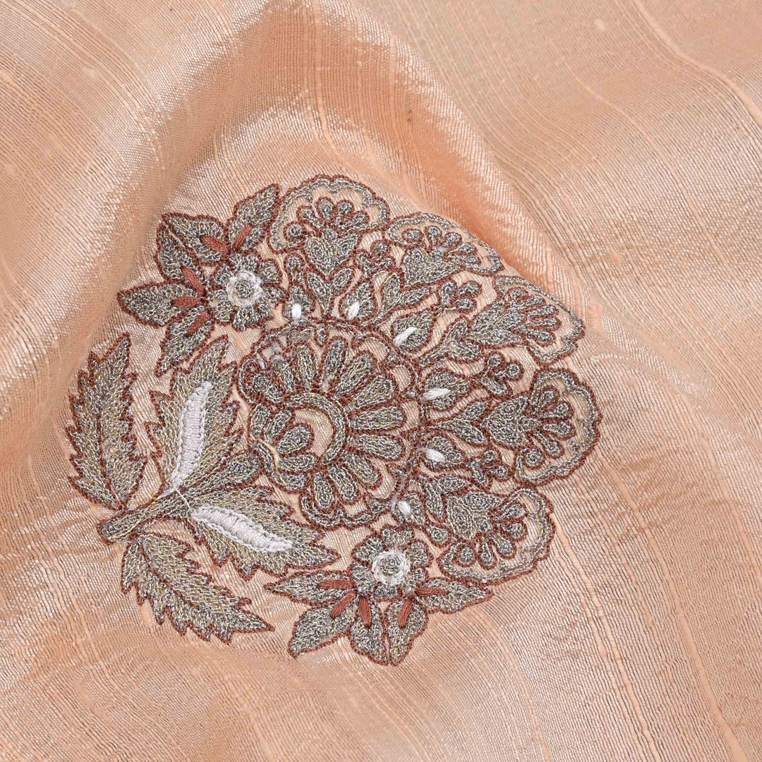 Canter Peach Embroidery Rawsilk Fabric With Floral Patterm