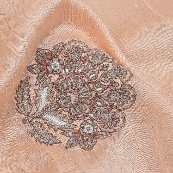 Canter Peach Embroidery Rawsilk Fabric With Floral Patterm