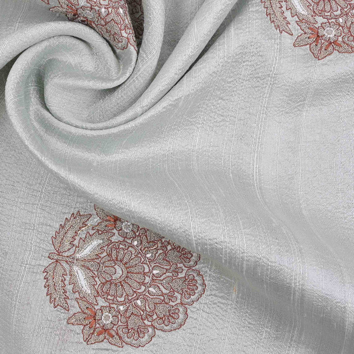 White Grey Embroidery Rawsilk Fabric With Floral Patterm
