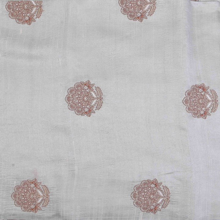 White Grey Embroidery Rawsilk Fabric With Floral Patterm