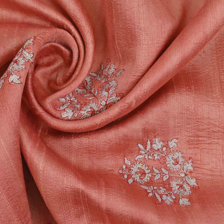 Peach Pink Embroidery Rawsilk Fabric With Floral Patterm