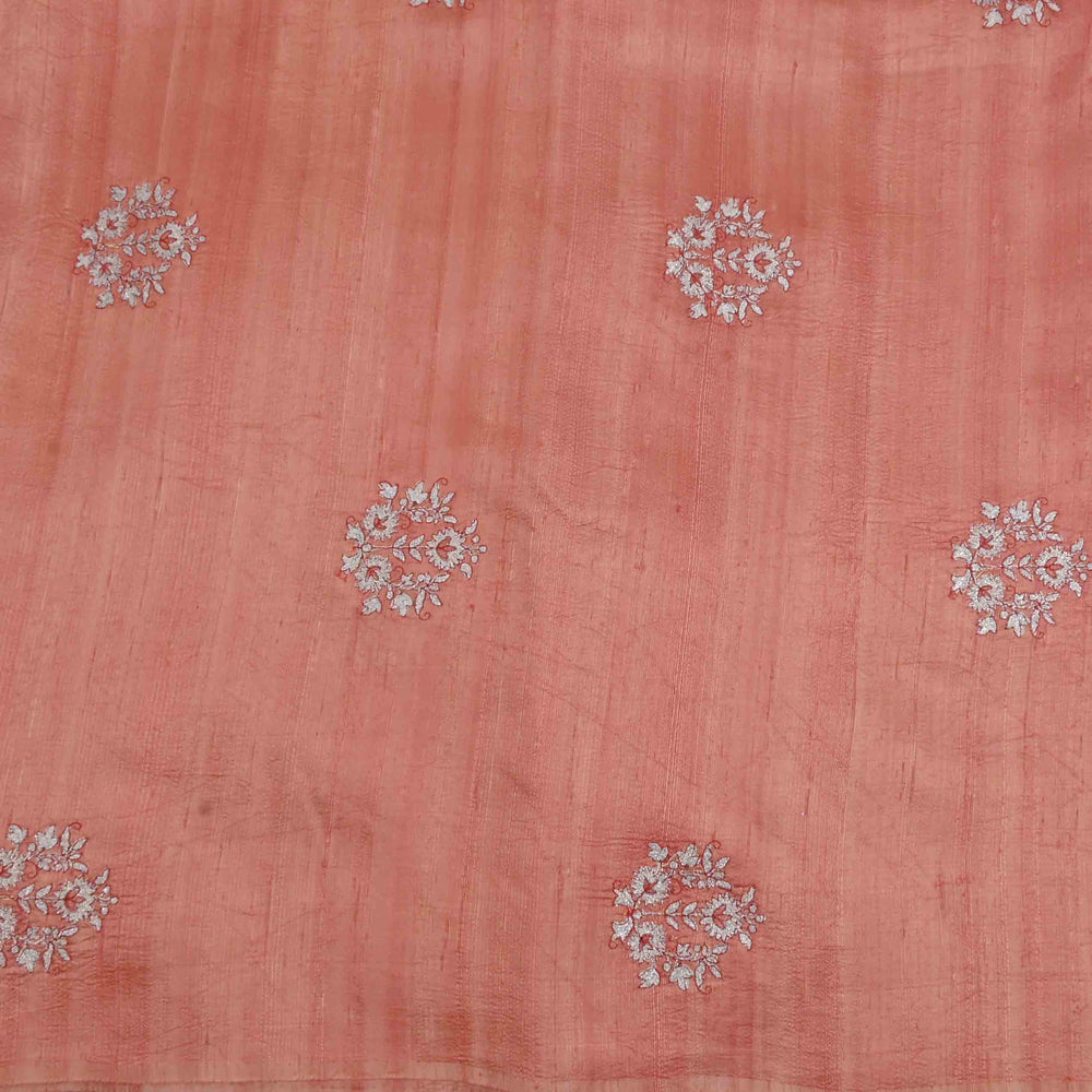 Peach Pink Embroidery Rawsilk Fabric With Floral Patterm