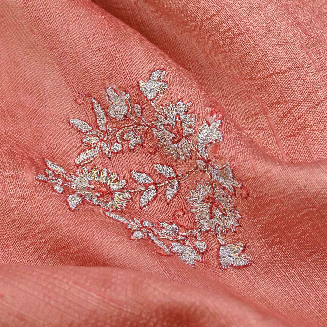 Peach Pink Embroidery Rawsilk Fabric With Floral Patterm