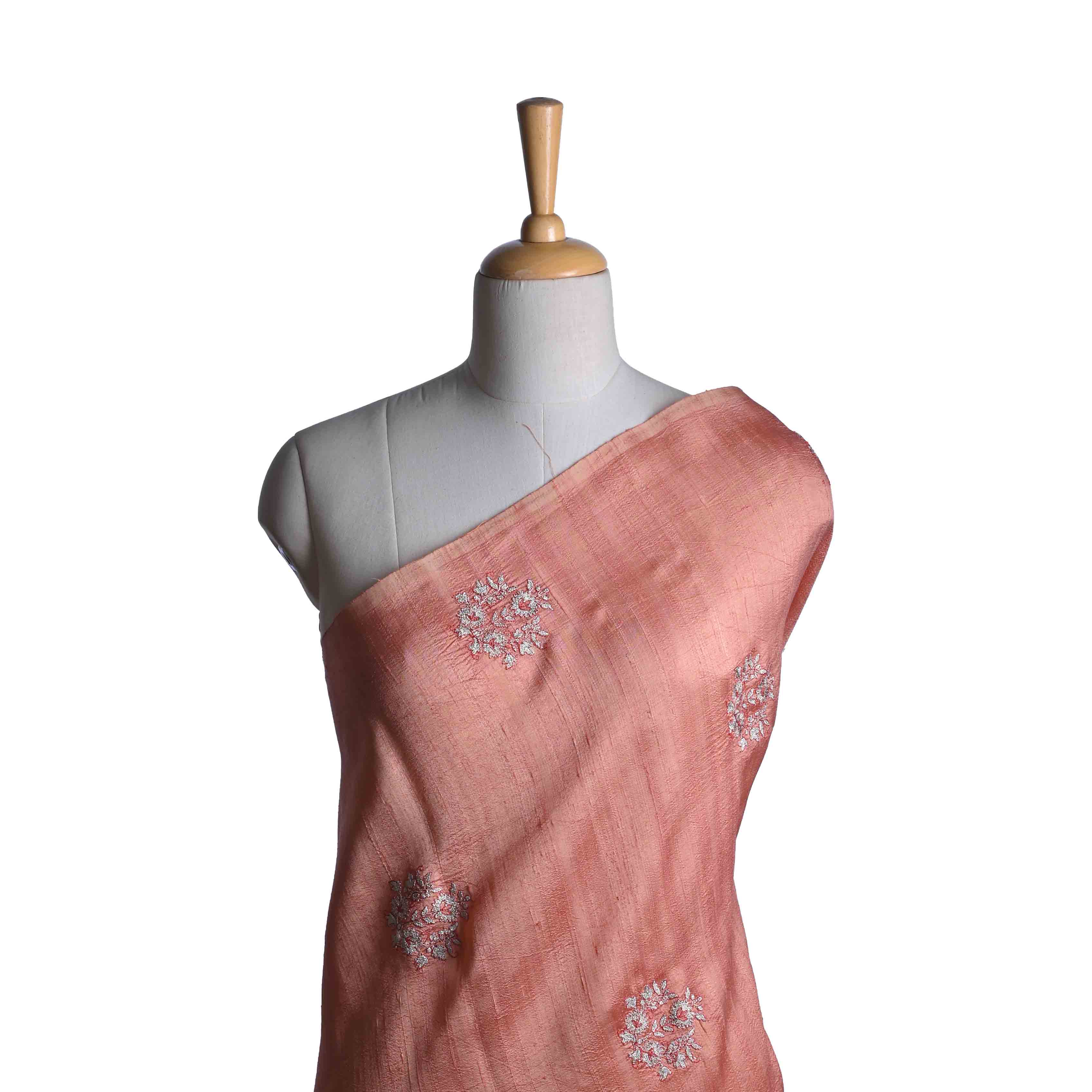 Peach Pink Embroidery Rawsilk Fabric With Floral Patterm