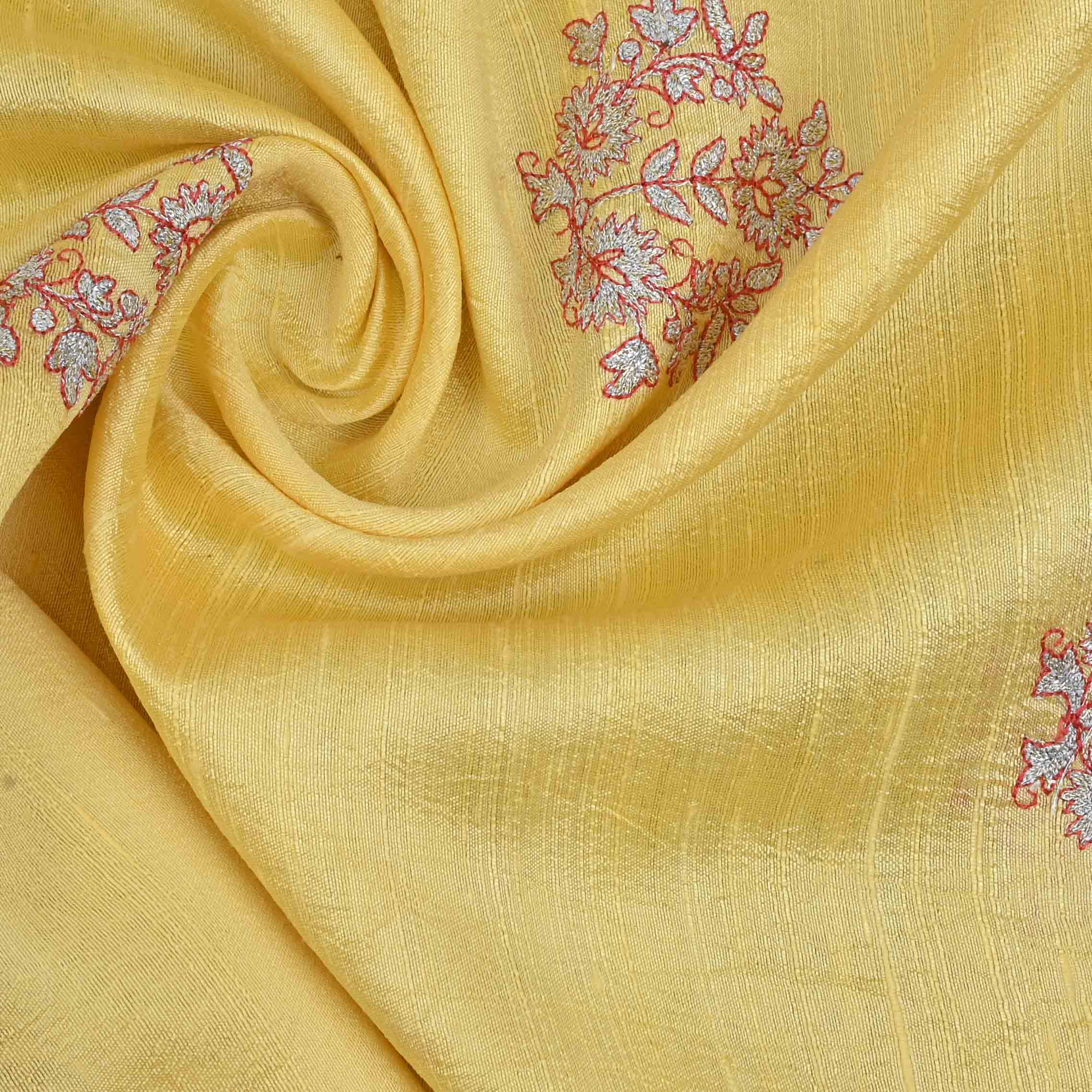 Laguna Yellow Embroidery Rawsilk Fabric With Floral Pattern