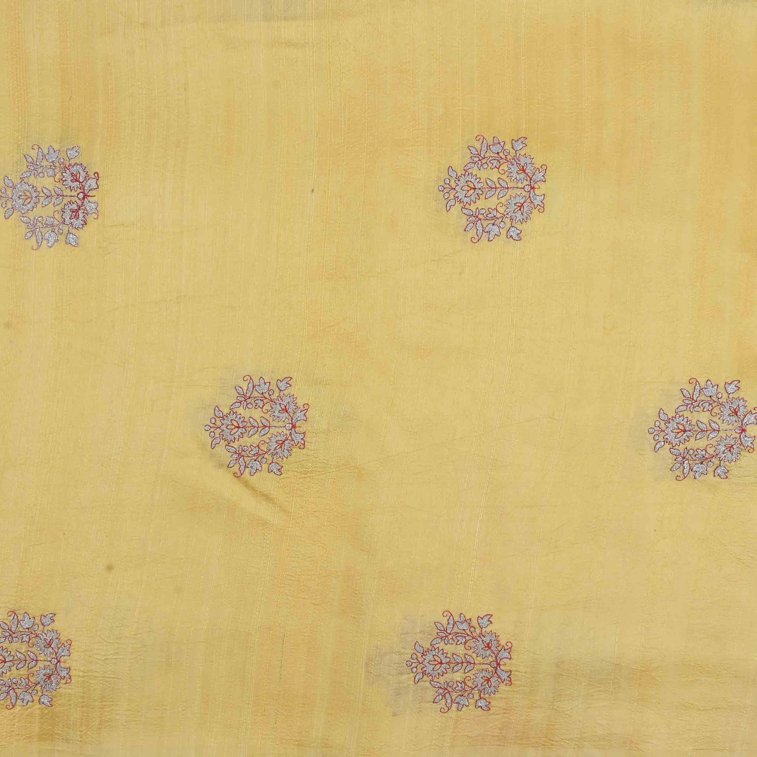 Laguna Yellow Embroidery Rawsilk Fabric With Floral Pattern