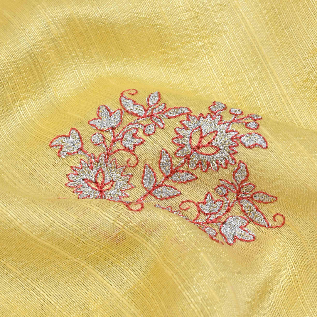 Laguna Yellow Embroidery Rawsilk Fabric With Floral Pattern