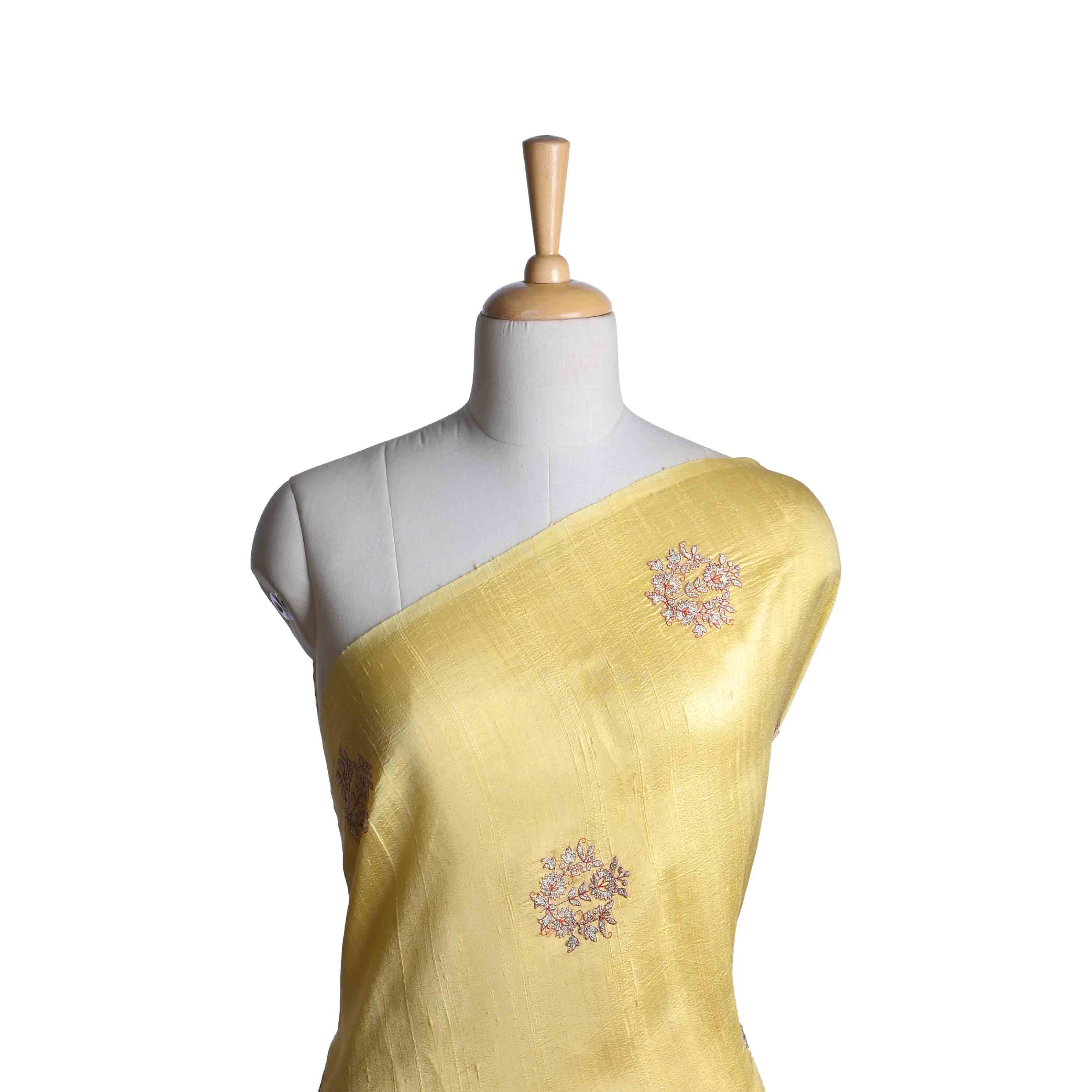 Laguna Yellow Embroidery Rawsilk Fabric With Floral Pattern