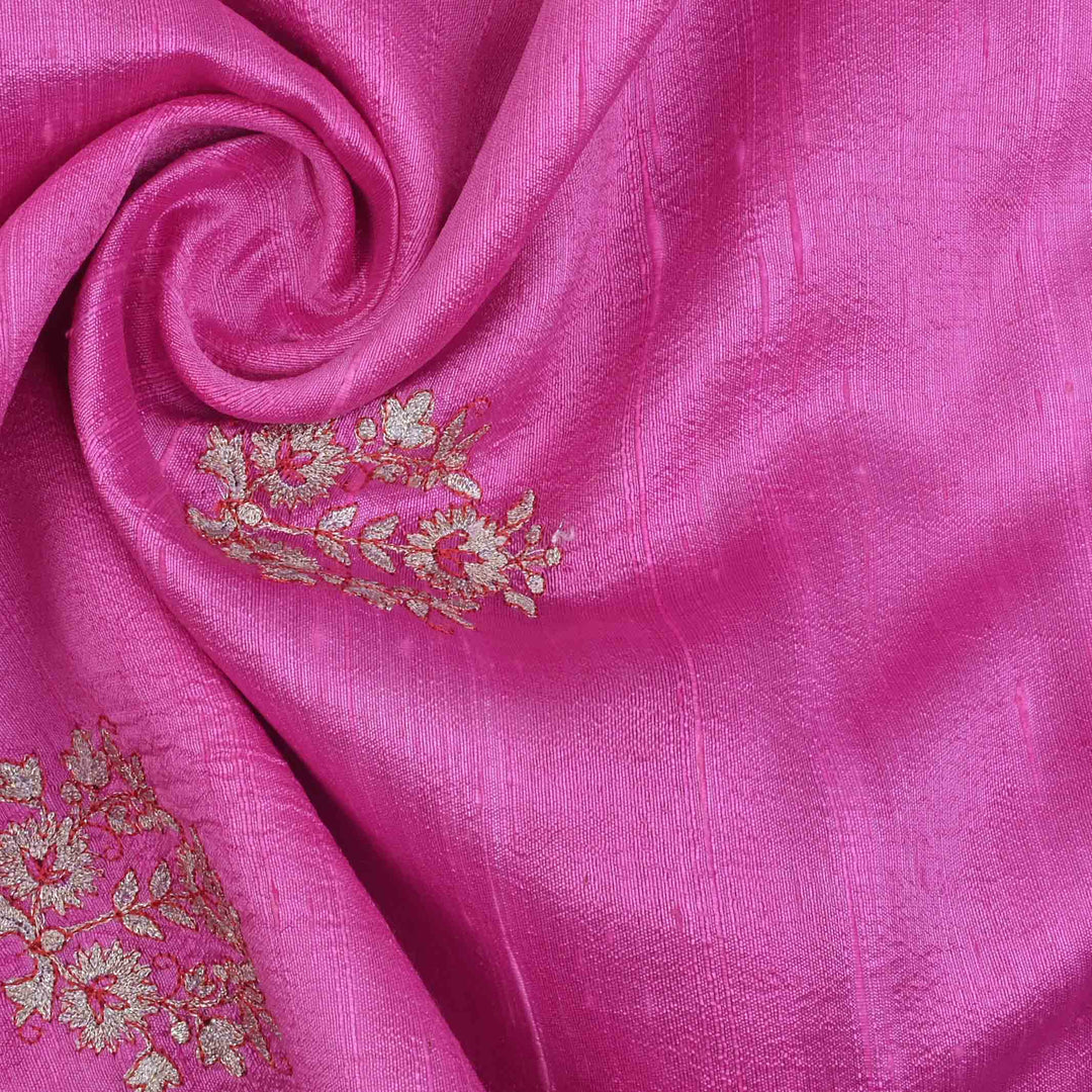 Neon Pink Embroidery Rawsilk Fabric With Floral Patterm