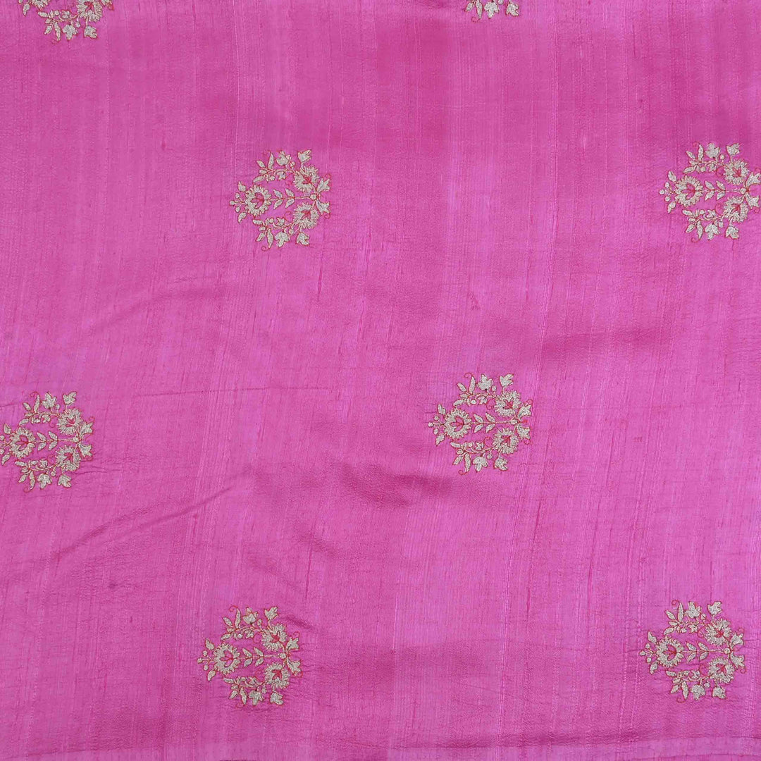 Neon Pink Embroidery Rawsilk Fabric With Floral Patterm