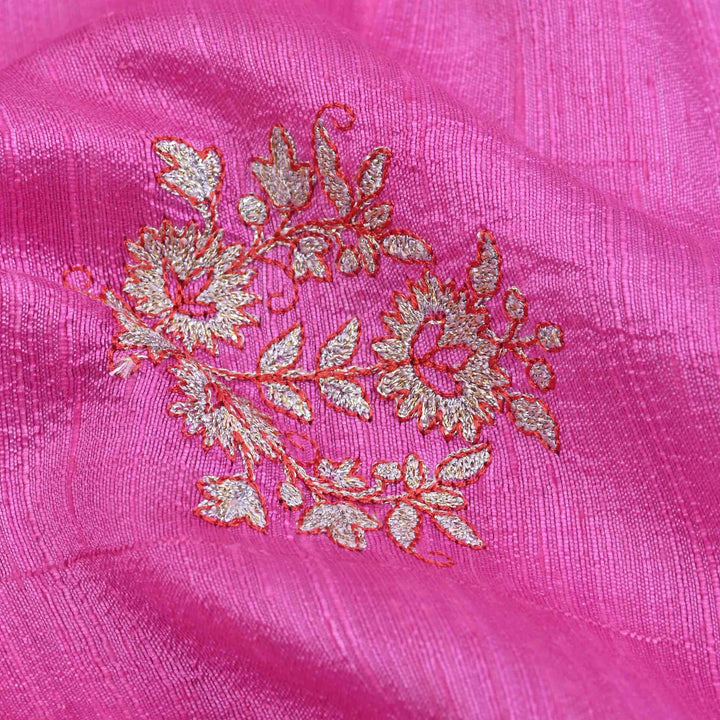 Neon Pink Embroidery Rawsilk Fabric With Floral Patterm