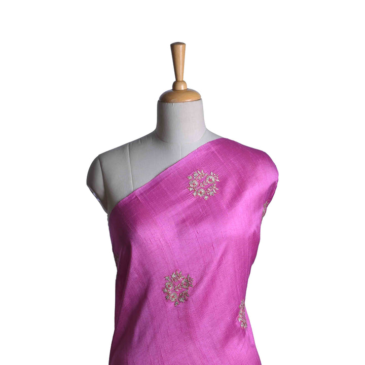 Neon Pink Embroidery Rawsilk Fabric With Floral Patterm