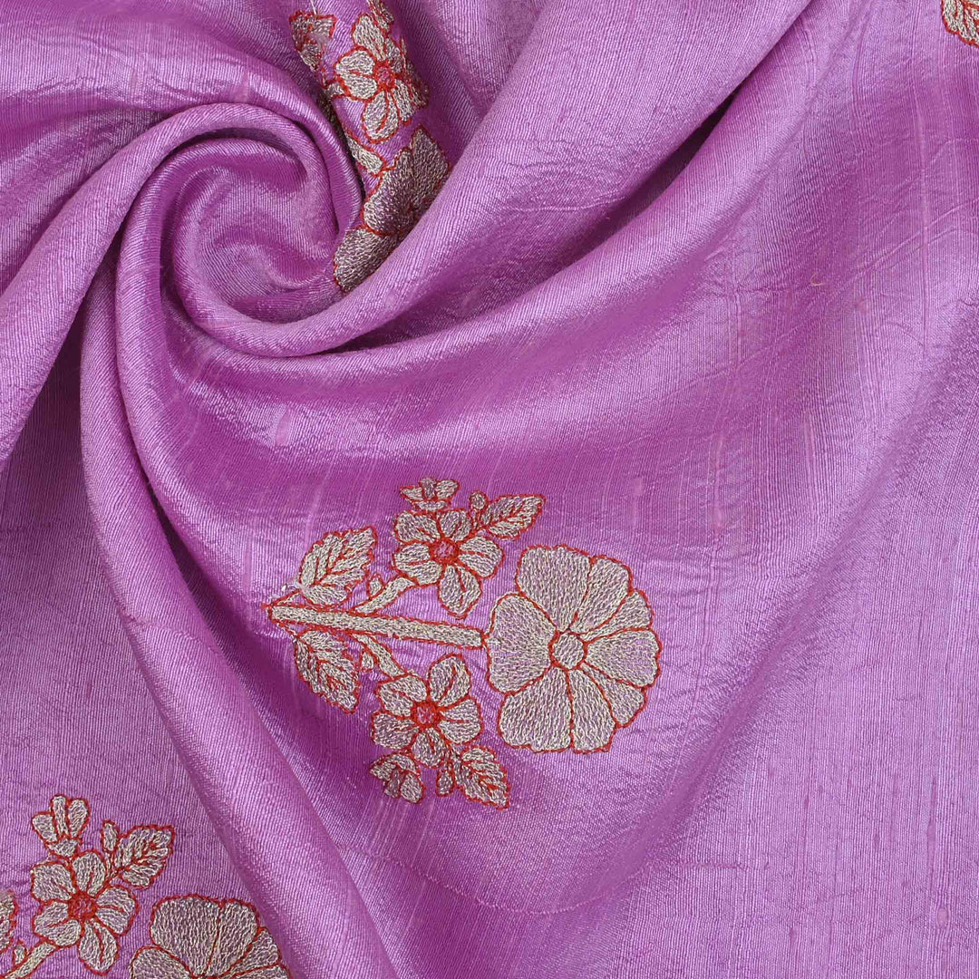 French Mauve Embroidery Rawsilk Fabric With Floral Patterm
