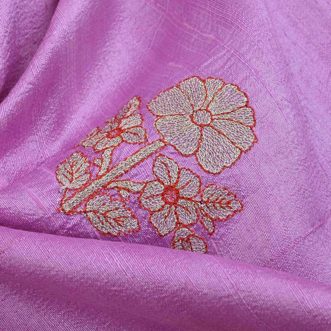French Mauve Embroidery Rawsilk Fabric With Floral Patterm