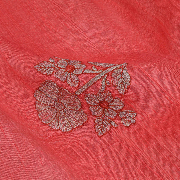 Georgia Peach Embroidery Rawsilk Fabric With Floral Patterm