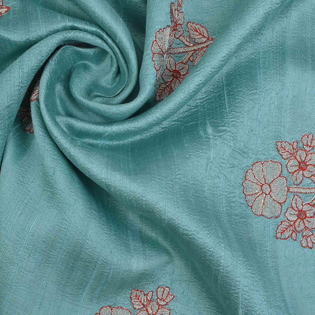 Ultramarine Blue Embroidery Rawsilk Fabric With Floral Pattern