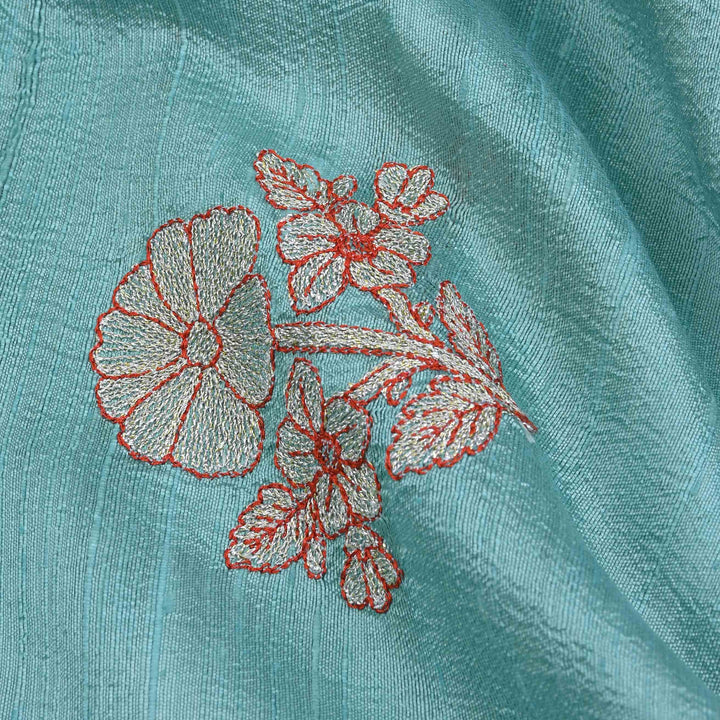Ultramarine Blue Embroidery Rawsilk Fabric With Floral Pattern