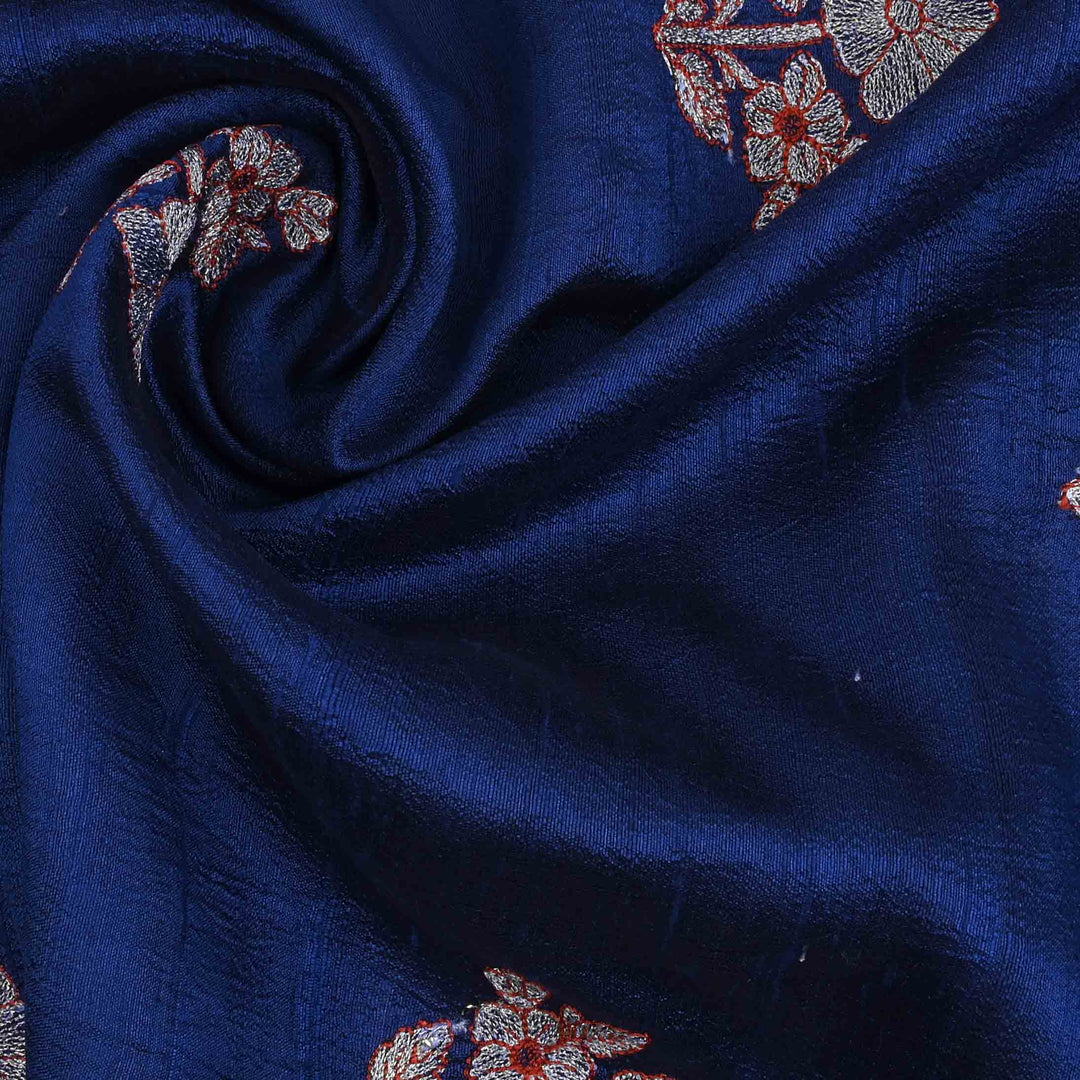 Royal Blue Embroidery Rawsilk Fabric With Floral Pattern