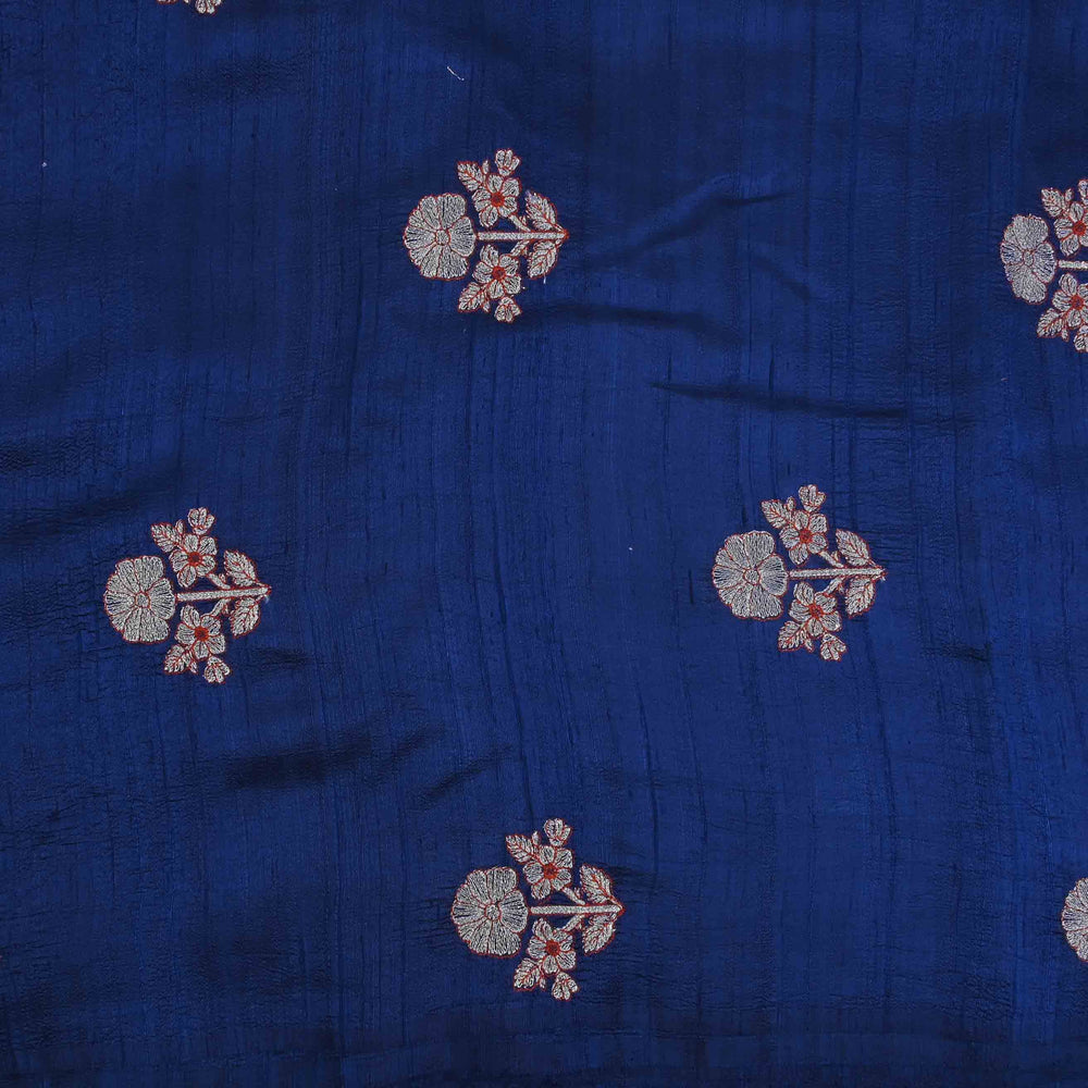 Royal Blue Embroidery Rawsilk Fabric With Floral Pattern