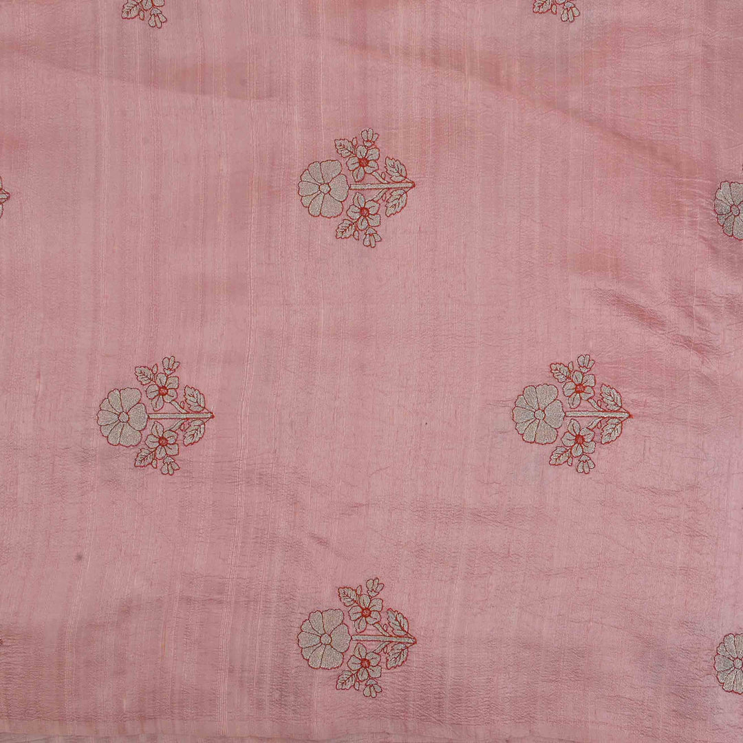 Pastel Pink Embroidery Rawsilk Fabric With Floral Pattern