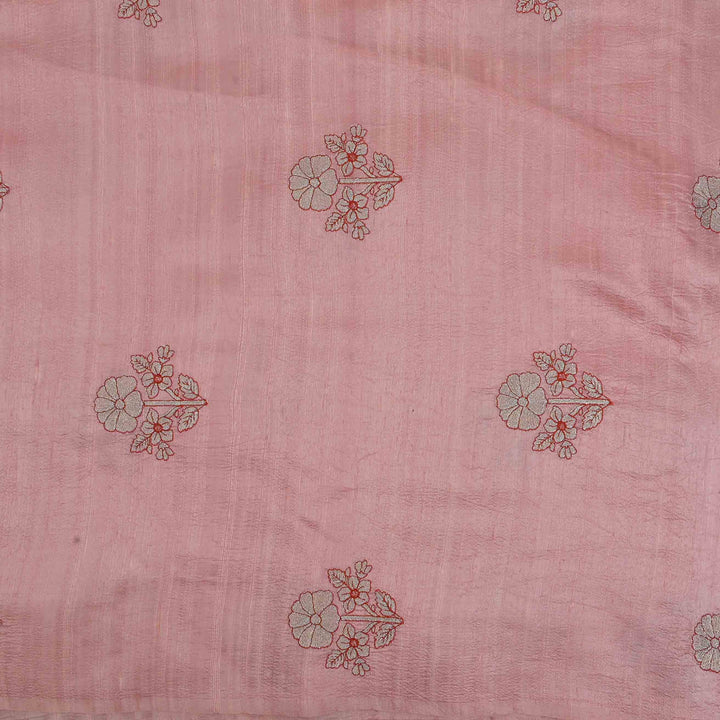 Pastel Pink Embroidery Rawsilk Fabric With Floral Pattern