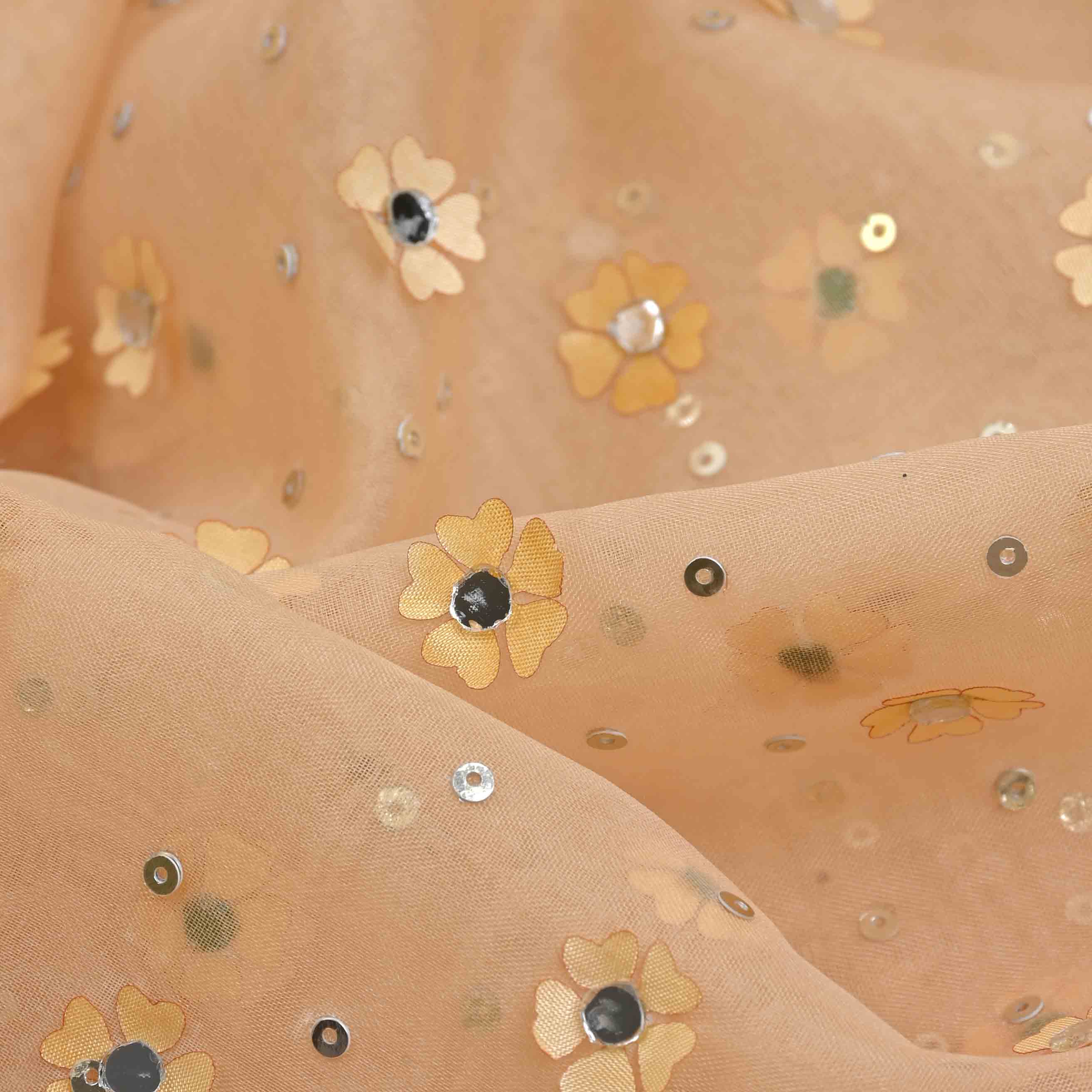 Pale Peach Sequined Embroidery Organza Fabric