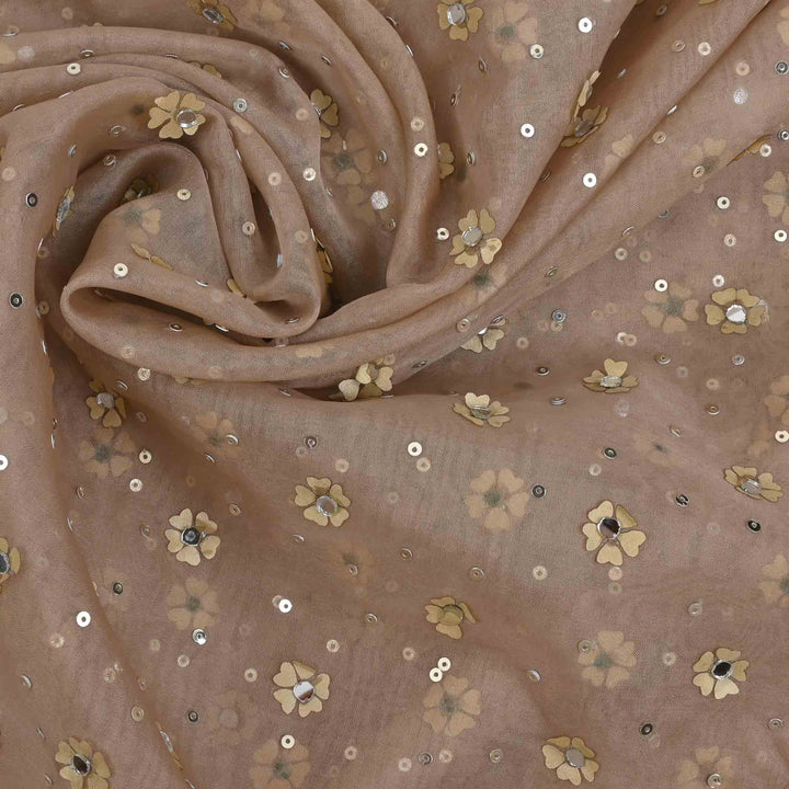 Pale Brown Embroidery Organza Fabric With Mirror Work