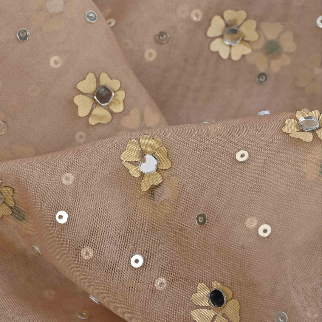 Pale Brown Embroidery Organza Fabric With Mirror Work