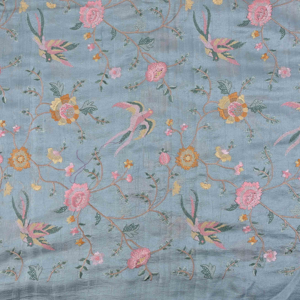 Blue Grey Embroidery Raw Silk Fabric With Floral-Bird Pattern