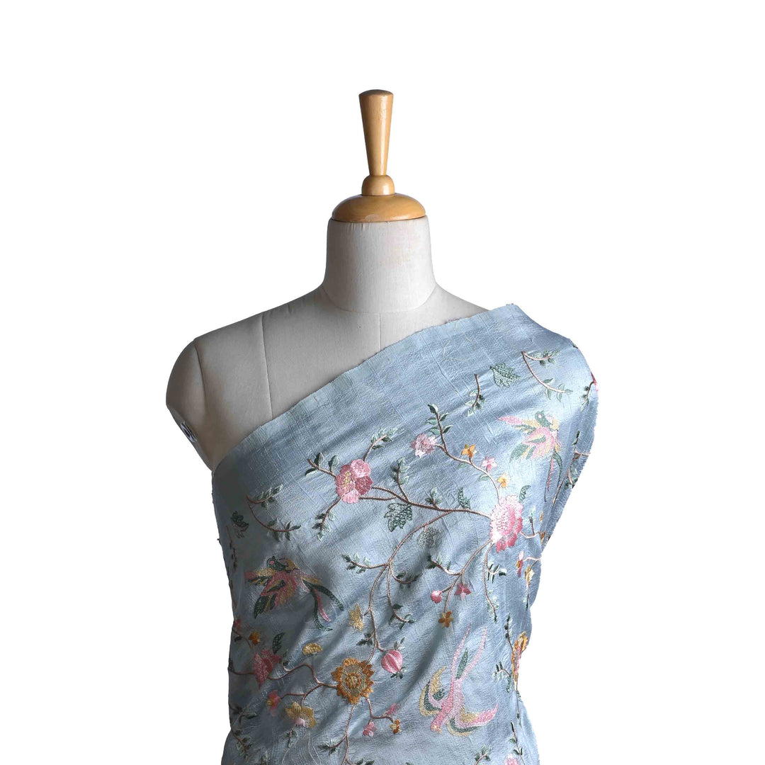 Blue Grey Embroidery Raw Silk Fabric With Floral-Bird Pattern