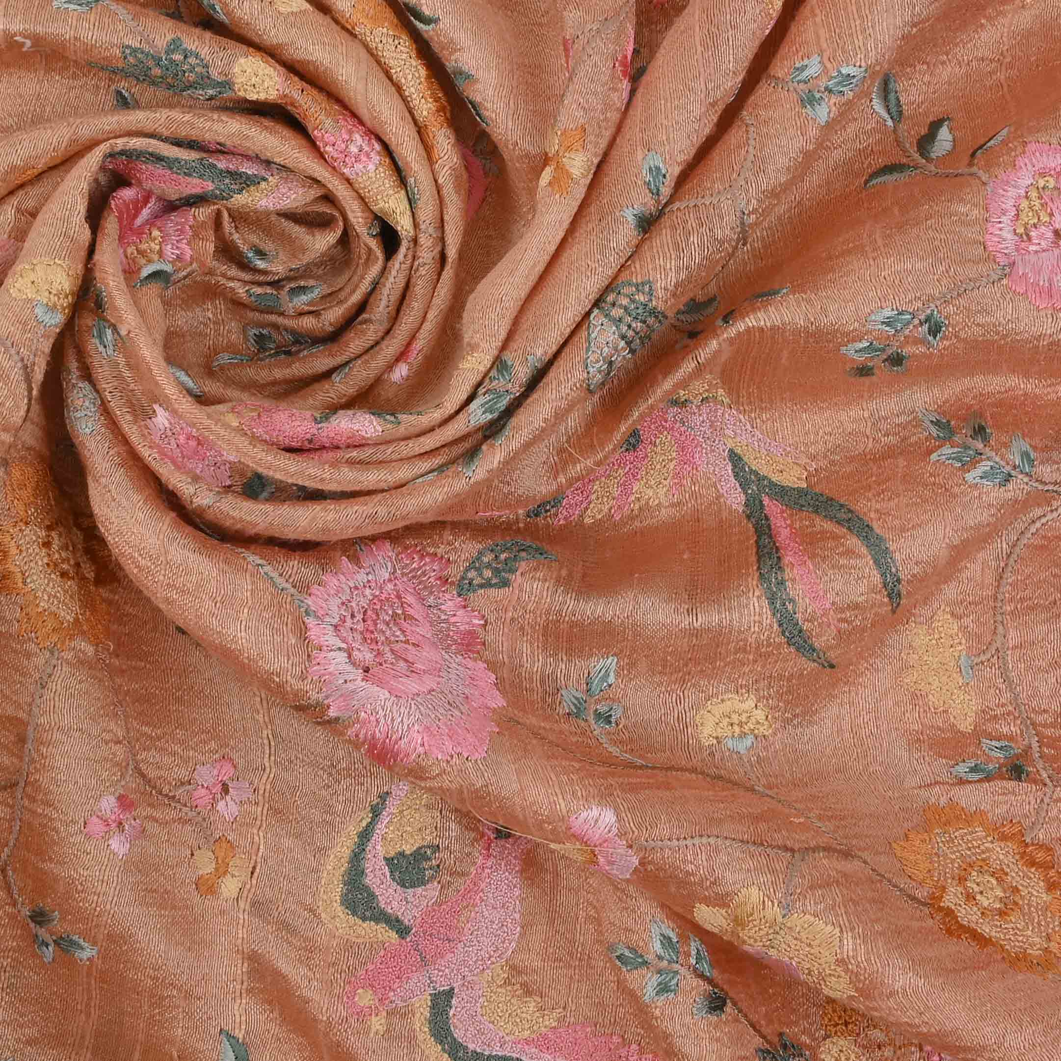 Squash Orange Embroidery Raw Silk Fabric With Floral Pattern