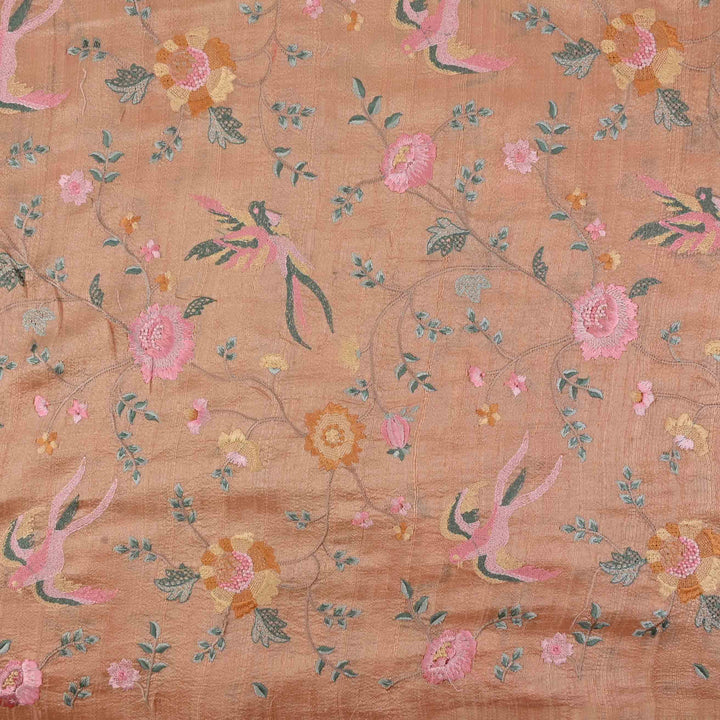 Squash Orange Embroidery Raw Silk Fabric With Floral Pattern