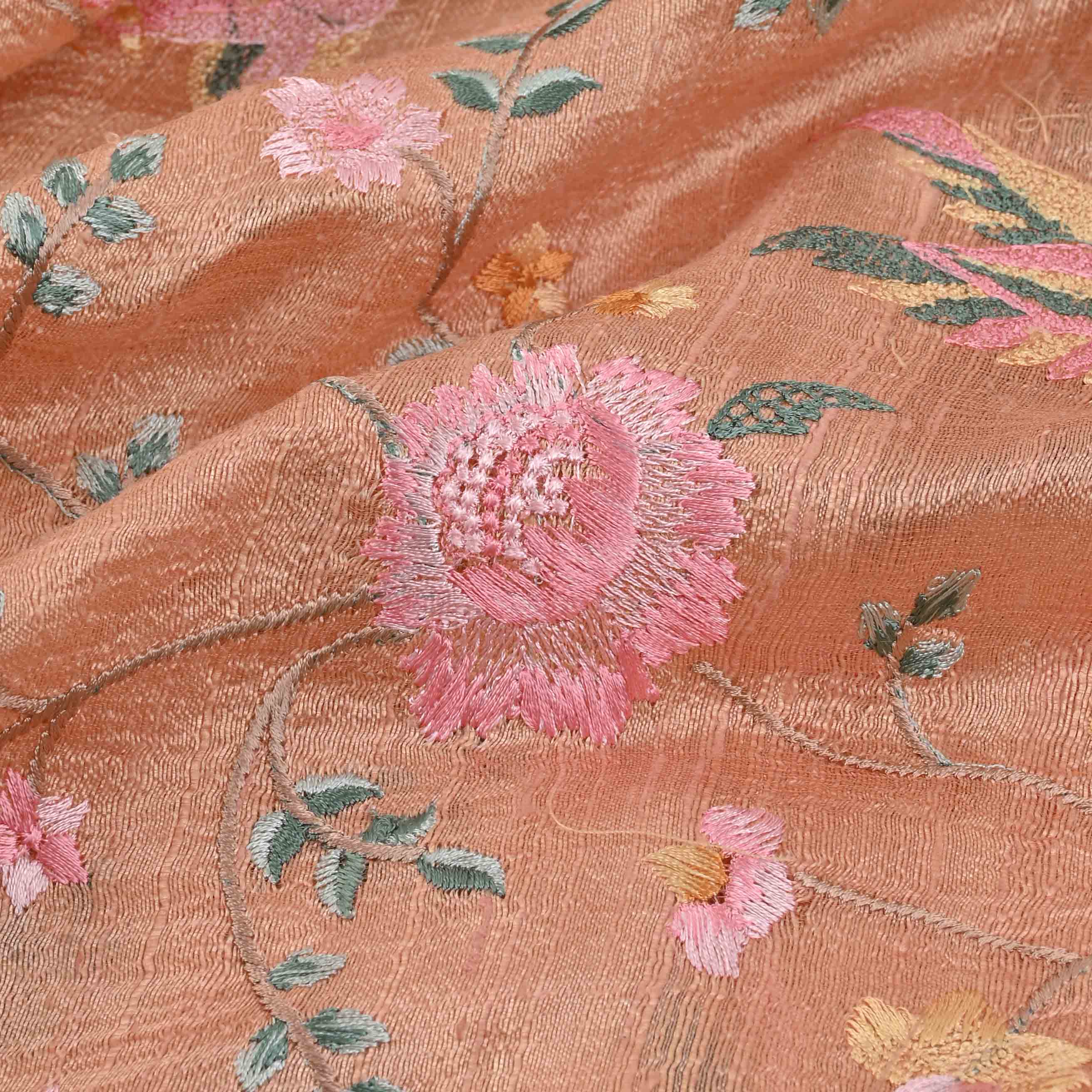 Squash Orange Embroidery Raw Silk Fabric With Floral Pattern