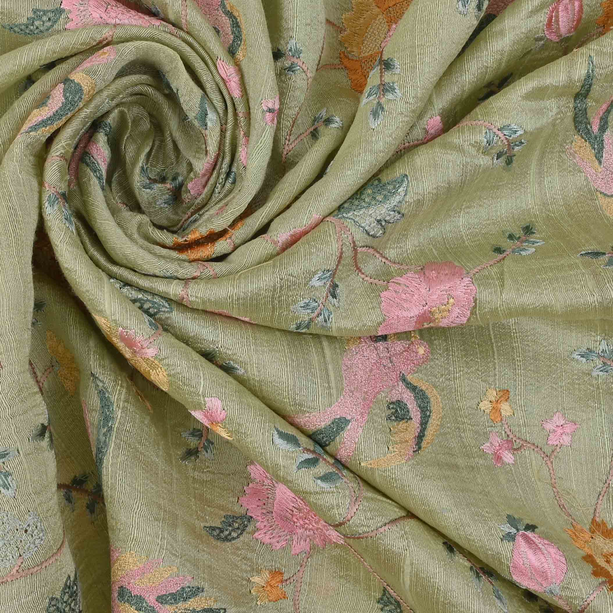 Sage Green Embroidery Raw Silk Fabric With Floral Pattern