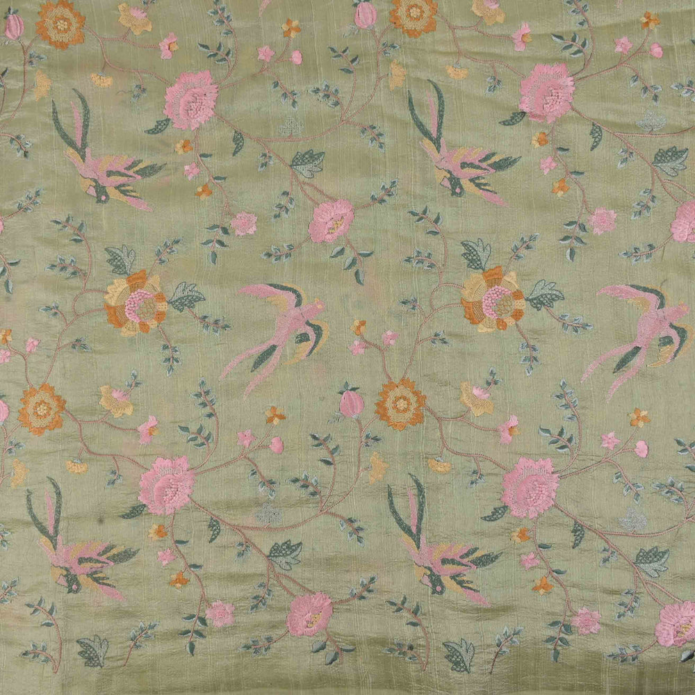 Sage Green Embroidery Raw Silk Fabric With Floral Pattern