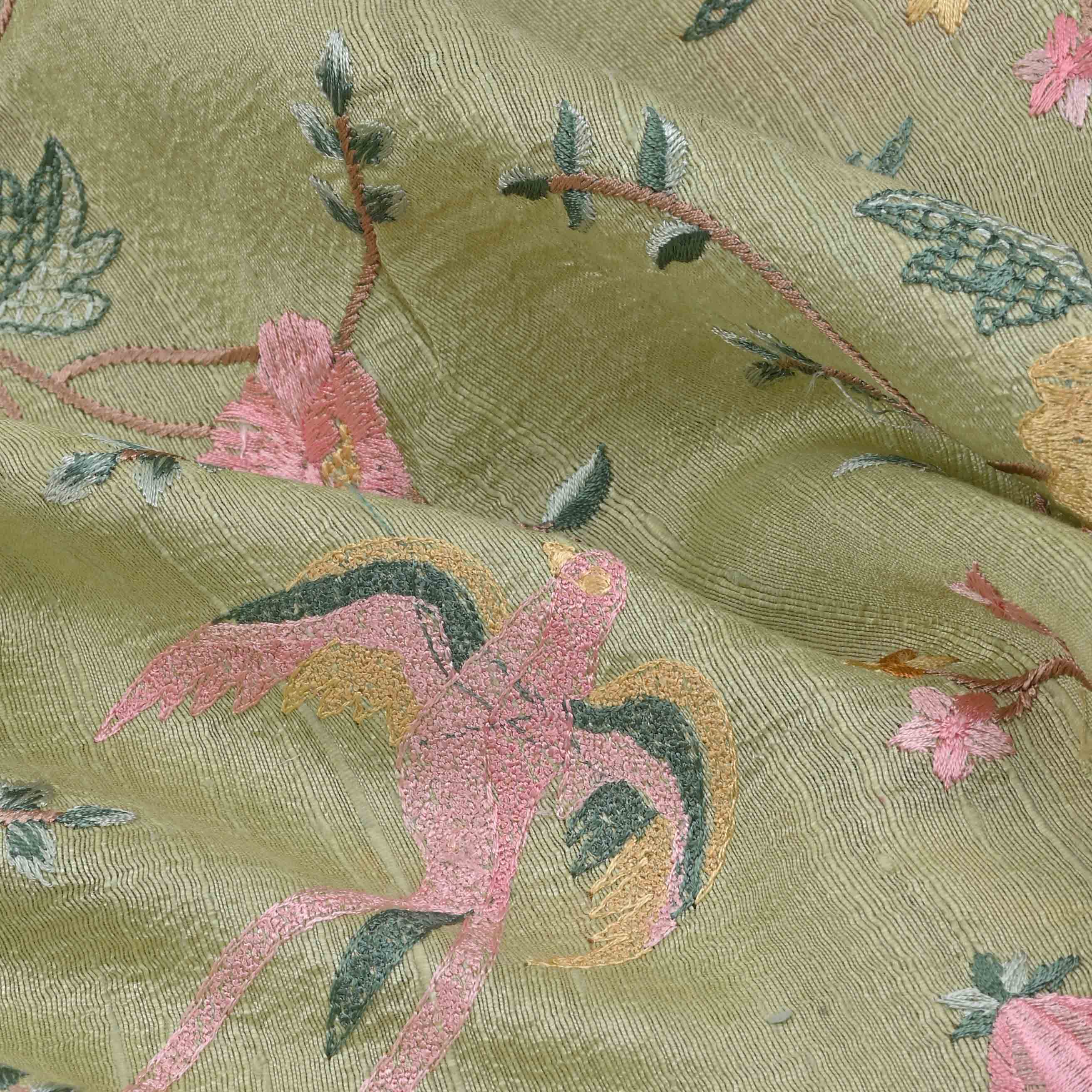 Sage Green Embroidery Raw Silk Fabric With Floral Pattern