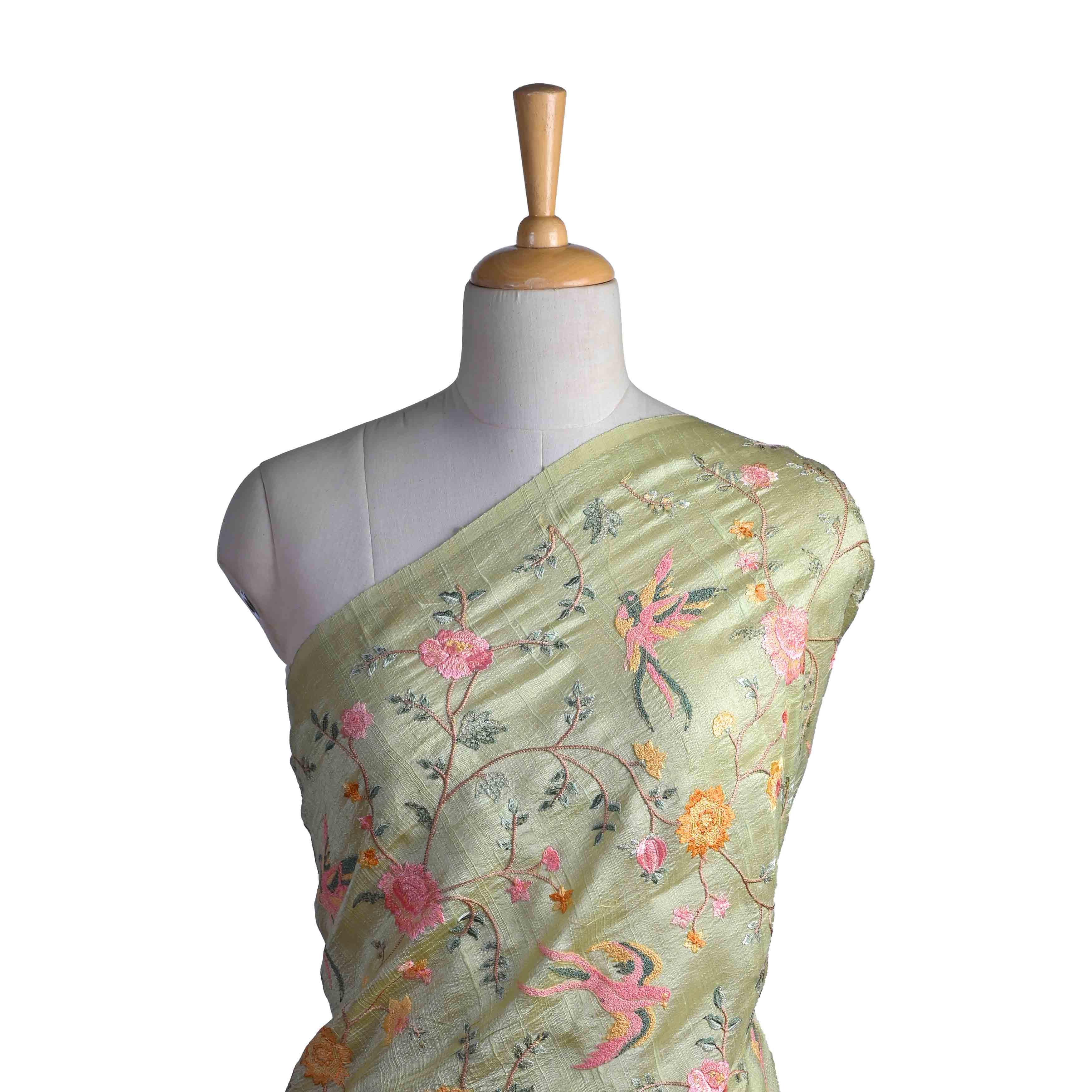 Sage Green Embroidery Raw Silk Fabric With Floral Pattern